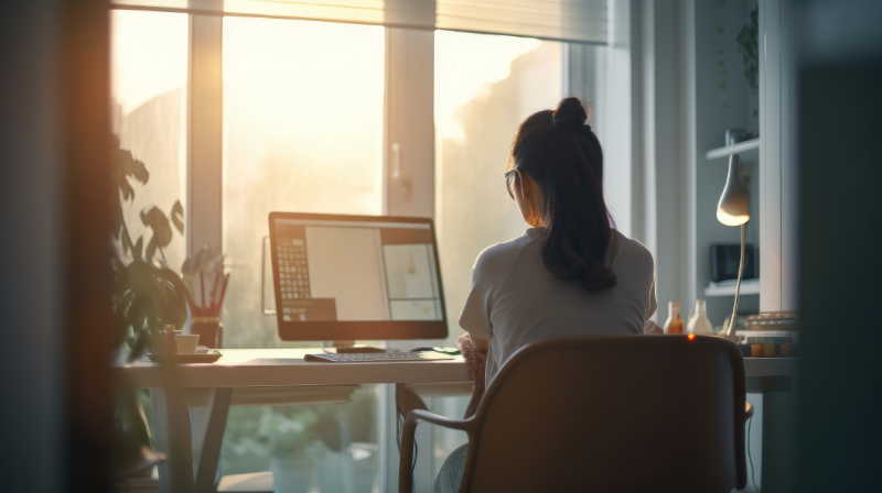 Woman in Lafayette sitting at her home office desk, looking contentedly towards a picturesque outside view.