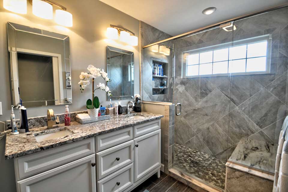 Transitional Primary Bathroom Remodel on Amesbury Drive in Lafayette