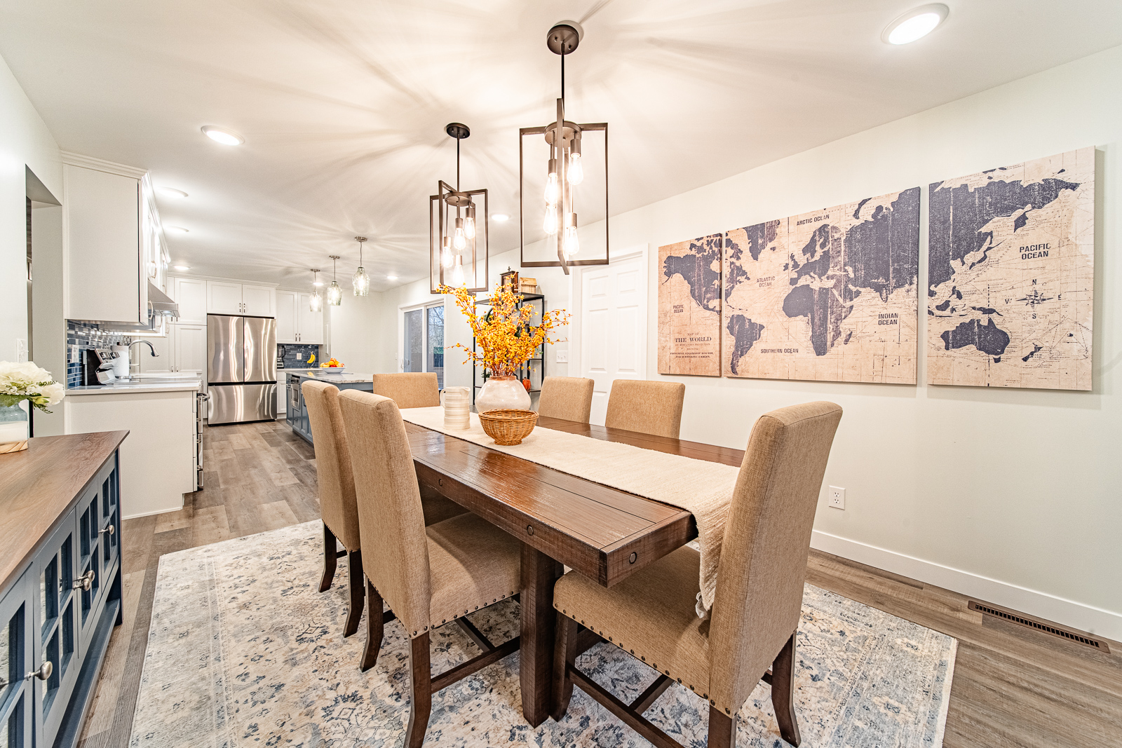 Modern and inviting dining area as part of a home remodel in Tippecanoe County, Indiana.