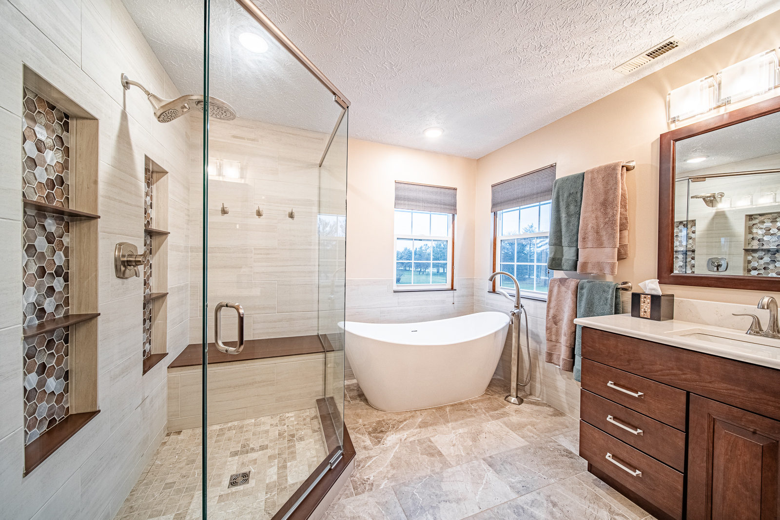 Luxurious large shower in newly renovated Lafayette bathroom.