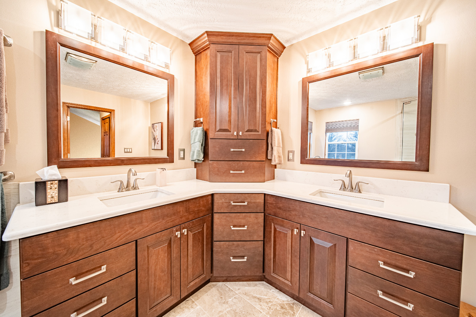Tall and functional vanity added to a Lafayette home's updated bathroom.