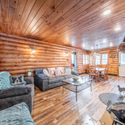 Lafayette family room with wood ceiling and log siding, exuding rustic charm.